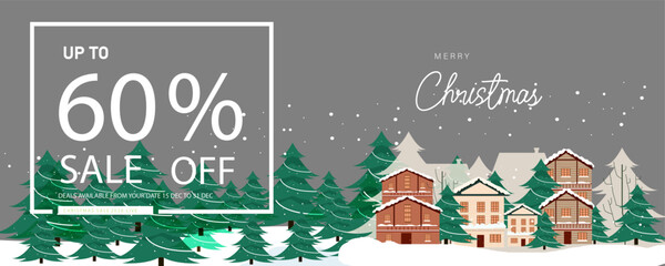 winter Seasonal Christmas Promotion Web Banner Layout with winter Christmas town and trees