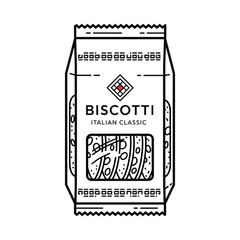 Hand drawn illustration of a package of biscotti cookies with italian text and a diamond logo