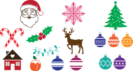 Festive christmas pixel art featuring santa claus reindeer tree and holiday decorations on transparent background