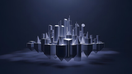Abstract cityscape geometric shapes dark background modern architecture design futuristic building skyline art
