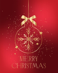 Illustration of a golden New Year's ball with stars on a dark red background.