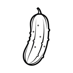 Simple black and white line drawing of a whole pickle with seeds and stem