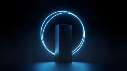 Neon circle product display stand black background futuristic glow abstract showcase presentation design 3d render