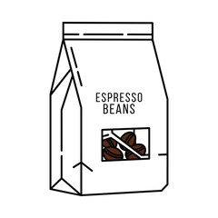 Simple line art illustration of a bag of espresso beans with a viewing window