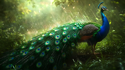 Portrait of Peacock standing in the woods with rainy weather