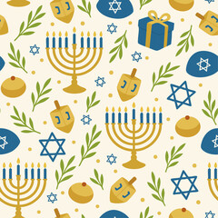 Hanukkah seamless pattern with illustrations of menorah, dreidel, star of david, kippah, and traditional jewish elements