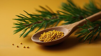 Wooden spoon with bee pollen grains and pine sprig, minimal festive christmas superfood still life