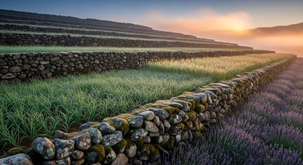 Terraced Fields at Sunrise - A Serene Landscape of Stone Walls and Lavender.