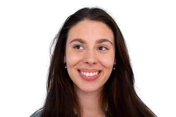 Fototapeta premium Young smiling woman looking away, expressing happiness and cheerful emotion on transparent background