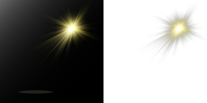 Bright golden spotlight burst with glowing rays and soft light halo. Perfect for highlights, stage effects, Christmas accents, decorative overlays and festive compositions. PNG with transparency.