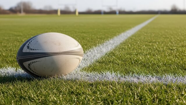 Rugby ball on grass field at sunrise with white line markings