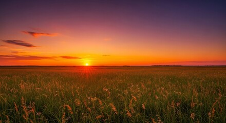 Vibrant sunset over a golden field, painting the sky with fiery hues.