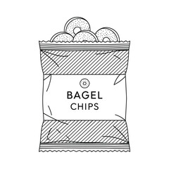 Hand drawn illustration of a bag of bagel chips with a label that says bagel chips