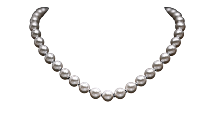 Pearl necklace with smooth luminous beads arranged in elegant curved formation showcasing refined classic beauty on white background