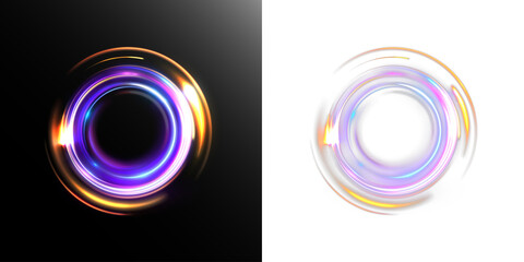 Glowing circular neon ring with vivid purple, blue and golden highlights, smooth light trails and bright flares. Dynamic luminous swirl for modern design, tech effects and abstract overlays.