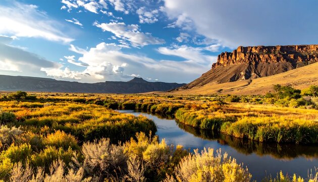 Serene landscape with a meandering river reflecting a vast sky and prominent rocky formations - Powered by Adobe