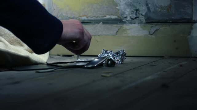 Addict cutting Illegal drugs in abandoned house