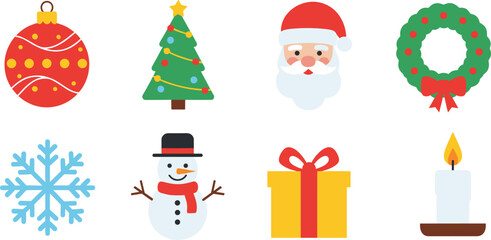 Christmas icons set, Santa Claus, snowman, snowflake, gift box, candle, wreath, ornament, tree, festive symbols, winter holiday vector