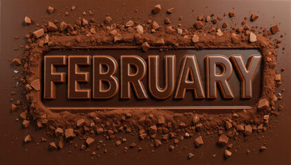 Delicious dark chocolate bar with 'FEBRUARY' embossed, accented by cocoa powder and chocolate chunks, evoking warmth and sweetness for the month.