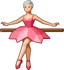 Elderly woman dancing ballet in a pink dress at the barre  