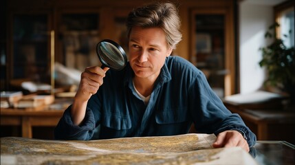 A historian examining an old map with a magnifying glass, revealing faded lines and handwritten notes from centuries past — archival research, heritage preservation, and historical discovery.