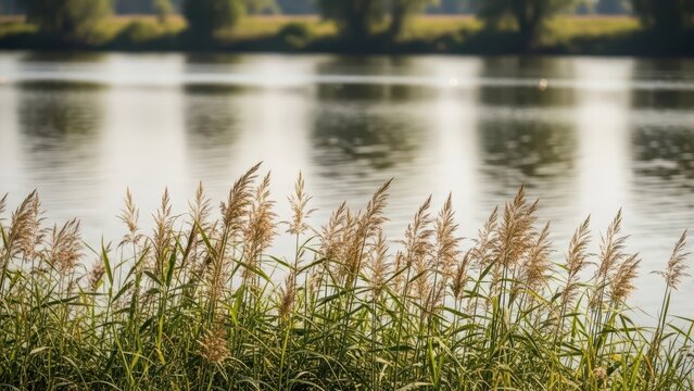 Serene lake view with reed grass and reflective water at sunset - Powered by Adobe
