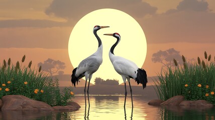 Obraz premium Two red crowned cranes stand in water at sunset with large yellow sun bird animal