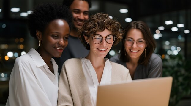Diverse office team gathered around a laptop during a short break, secretly watching game highlights and exchanging knowing smiles — lighthearted depiction of humor and teamwork in corporate life.