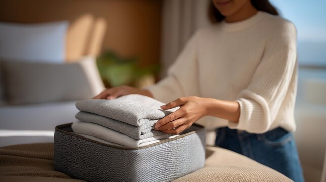 Hands folding clothes into a suitcase on a neatly organized bed, preparing for travel — concept of vacation preparation, organized lifestyle, adventure planning, and travel-focused visual