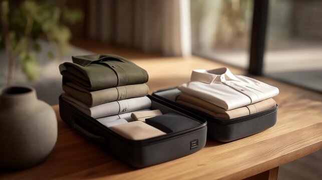 A traveler packing modular luggage cubes and snap-together travel containers, organizing clothing and essentials efficiently inside a compact suitcase — smart travel organization, minimalist