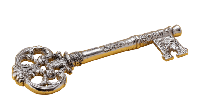 Ornate silver key featuring intricate vintage details and classic decorative craftsmanship captured in sharp clarity on white background