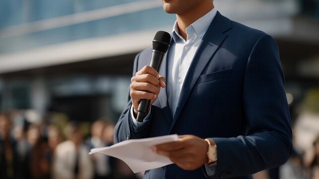 A crisis communication specialist speaking at a podium surrounded by frantic reporters, delivering clear updates during chaos — public information crisis management, authority under pressure, and