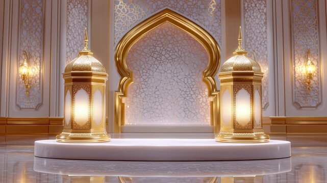 The castle's formal hall in golden decoration reveals a warm glow, richly decorated, luxurious and exquisite cultural interior environment with detailed patterns.