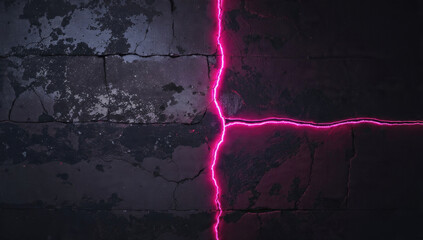 Dark, weathered surface with prominent cracks illuminated by vibrant pink neon light, forming a striking glowing cross pattern.