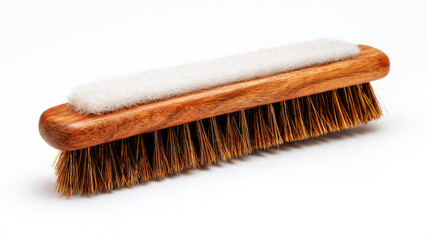 A classic wooden shoe brush featuring natural brown bristles and a soft white applicator pad for effective footwear care.