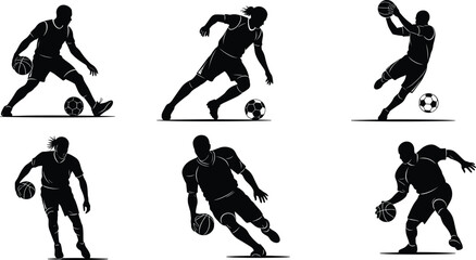 Soccer and basketball silhouettes, athlete icons, sports action poses, dribbling, goalkeeping, black vector, editable, isolated, dynamic movement