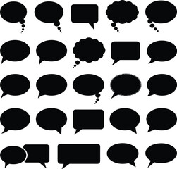 Speech bubble silhouettes, thought cloud icons, comic style, black vector, editable, isolated, dialogue shapes, communication symbols, graphic design