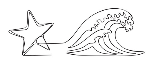 Wave and starfish line art illustration in minimalist style  