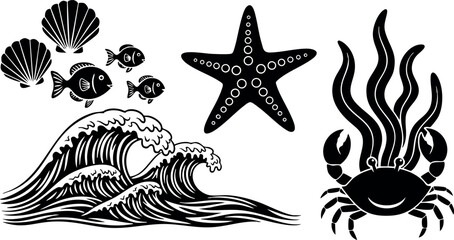 Bold black marine tattoo flash vector art with smiling crab, starfish, seashells, fish and curling ocean waves in stylized silhouette, flat design, playful summer mood