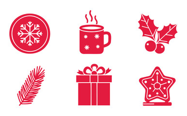 Set of red Christmas flat icons with snowflake, steaming cup, holly, gift box, star and pine branch on white background — ideal for holiday, greeting card and festive design content.