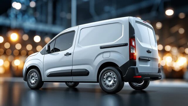 A compact white delivery van shifts its angle as the camera moves laterally across a brightly lit urban background, showing the vehicle&rsquo;s side profile and gentle rotation under soft evening lights