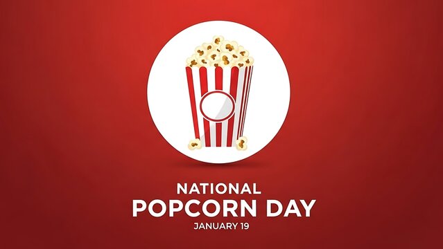A vibrant red background showcases a classic popcorn bucket filled with kernels, celebrating National Popcorn Day.
