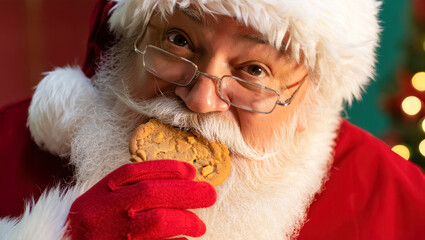 Close-up of Santa Claus in a red suit and gloves taking a bite of a festive cookie, with warm holiday lights softly glowing in the blurred background