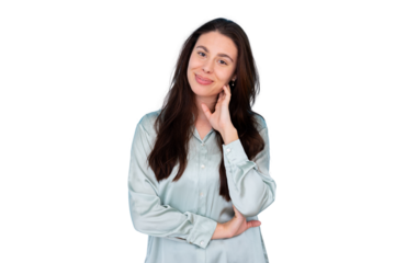 Confident young woman smiling, with hand resting on her neck. Expressing happiness, approachability, and casual elegance, on transparent background