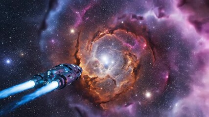 Deep space exploration with futuristic spaceship traveling through vibrant nebula - Powered by Adobe
