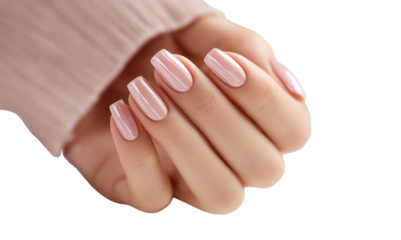 A photo of a woman's hand with a perfect, elegant manicure. The hand is covered in a soft, cozy sweater, against a transparent background.