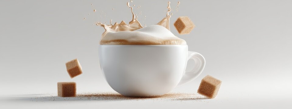 coffee cup hot tea chocolate isolated splash sugar milk white cube cappuccino. mug coffee cup hot falling drink foam food cafe background black flying water amaretto breakfast spill fresh drop teacup