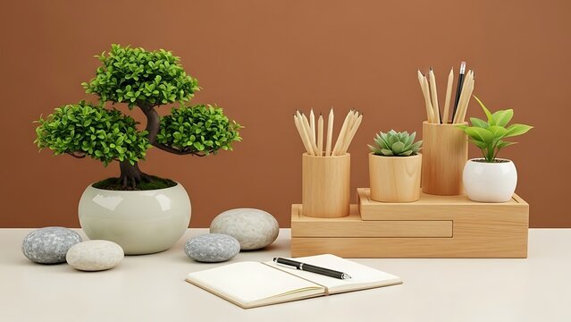 Desk Still Life with Bonsai Pencils and Notebook on Beige Surface - Powered by Adobe