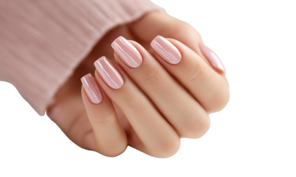 A photo of a woman's hand with a perfect, elegant manicure. The hand is covered in a soft, cozy sweater, against a transparent background. - Powered by Adobe
