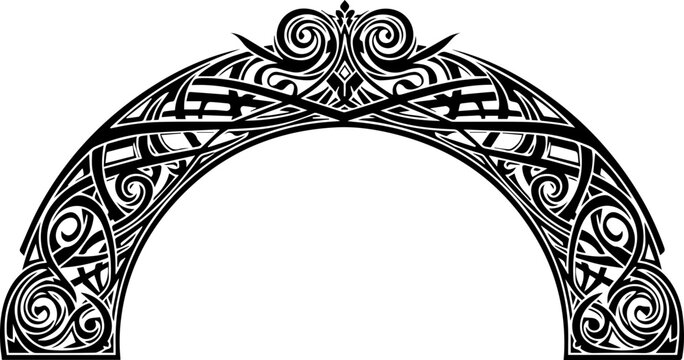 Intricate black ornamental archway with swirling Celtic knotwork patterns, perfect for elegant event entrances or historical designs.
